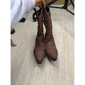 New Brown Suede Western Cowboy‎ Boots Studded Cross Embellishments Pointed Toe